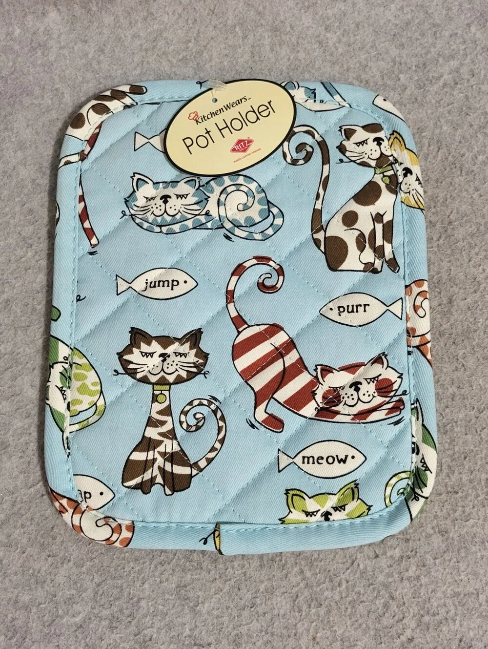 Ritz Kitchen Wears Retro Cats Set 2 Potholders Hot Pads Blue Quilted Kitsch MCM